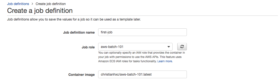 AWS Batch guide create job definition